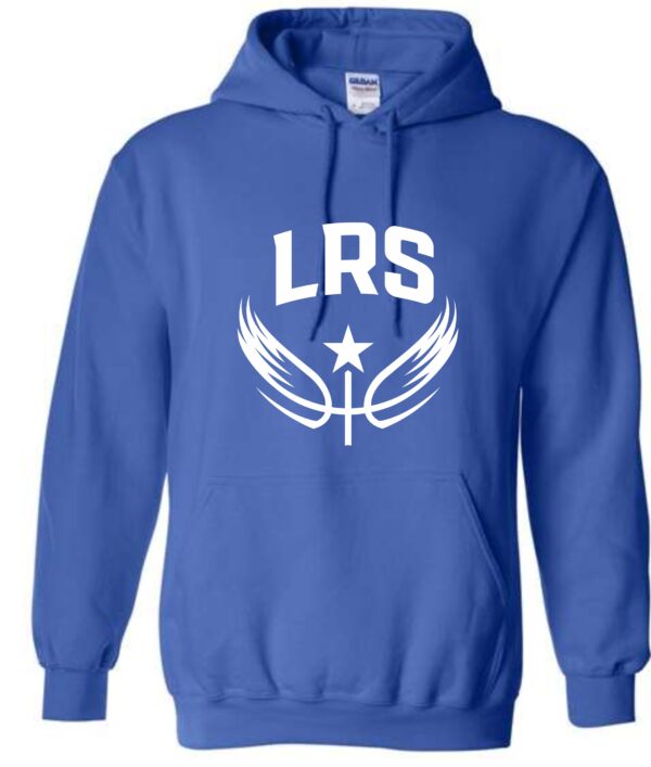 Blue hoodie with LRS logo and wings.