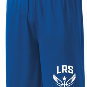 Blue athletic shorts with LRS logo.