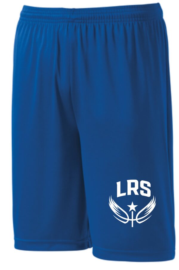 Blue athletic shorts with LRS logo.