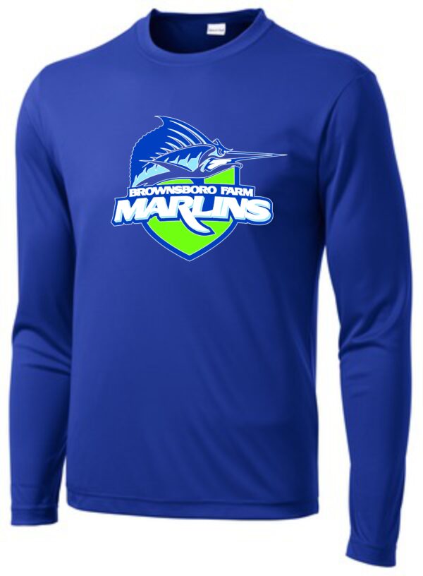 Blue long-sleeve shirt with marlin logo.