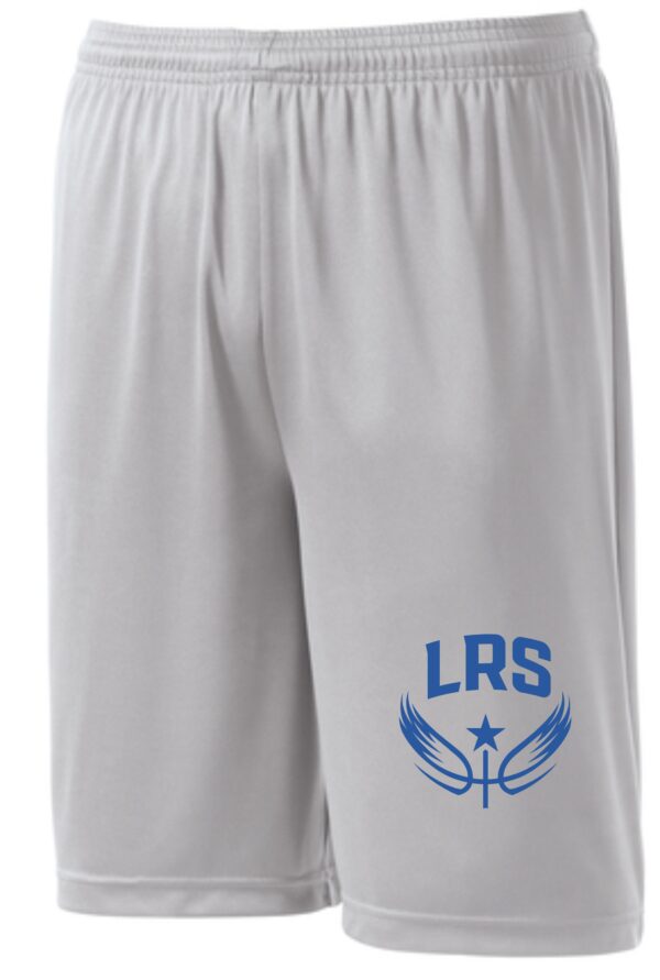 Gray athletic shorts with LRS logo.