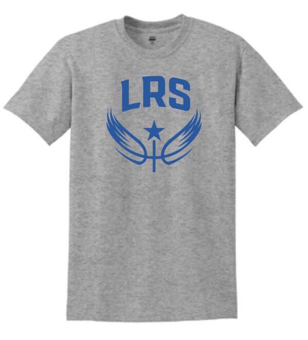 Grey t-shirt with blue LRS logo.