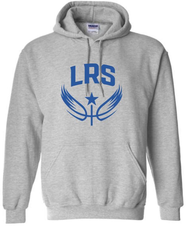 Grey hoodie with LRS logo and wings.