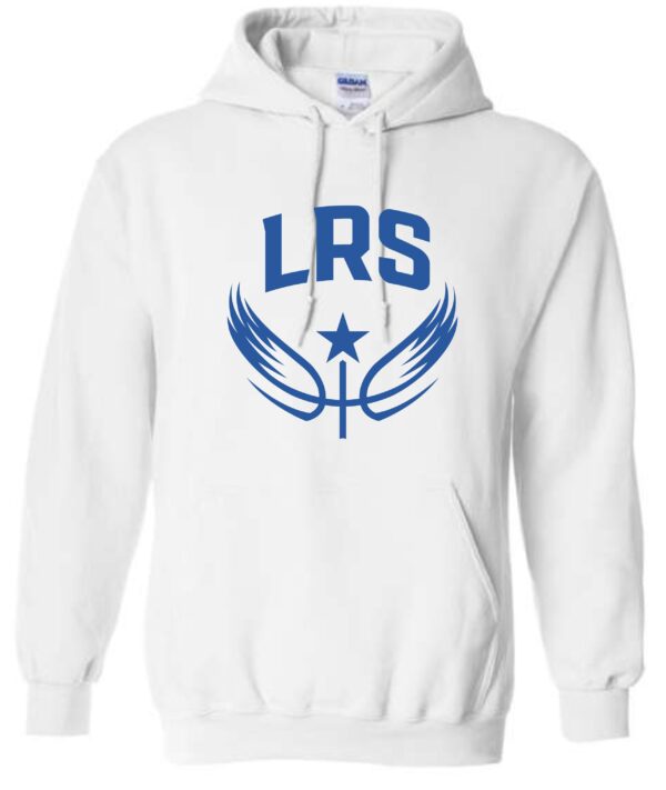 White hoodie with blue LRS logo.