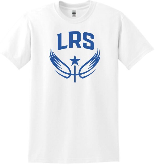 White t-shirt with LRS logo and wings.