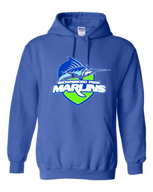 Blue hoodie with Brownsboro Farm Marlins logo