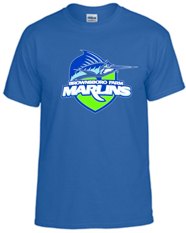 Blue t-shirt with Brownsboro Farm Marlins logo.