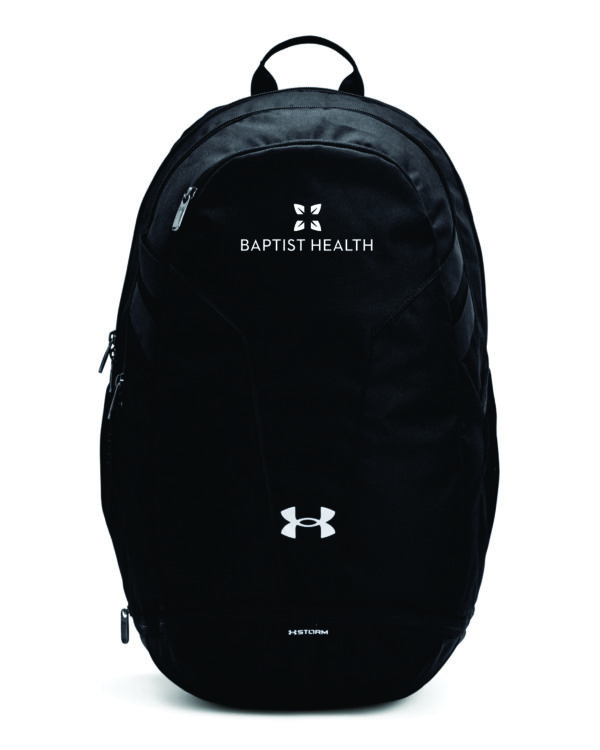 Black Under Armour backpack with Baptist Health logo.