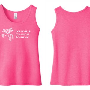 Pink tank top with Louisville Classical Academy logo.