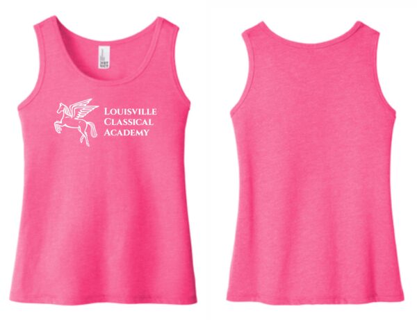 Pink tank top with Louisville Classical Academy logo.