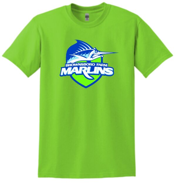 Green t-shirt with Brownsboro Farm Marlins logo.