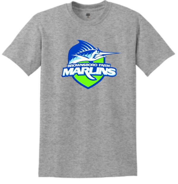 Gray t-shirt with Brownsboro Farm Marlins logo.