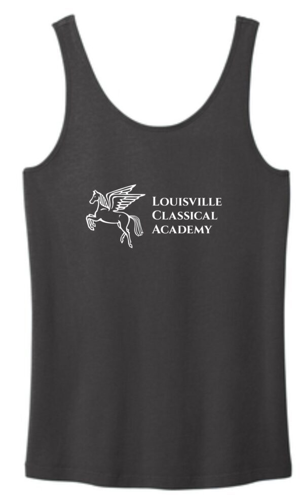 Dark gray tank top with Louisville Classical Academy logo.