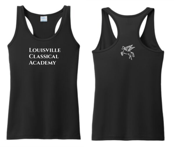 Black tank top with Louisville Classical Academy logo.