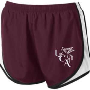 Burgundy athletic shorts with white logo.