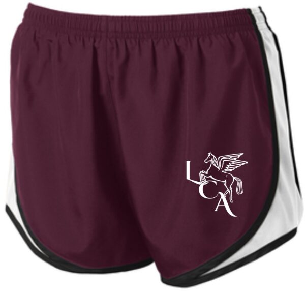 Burgundy athletic shorts with white logo.