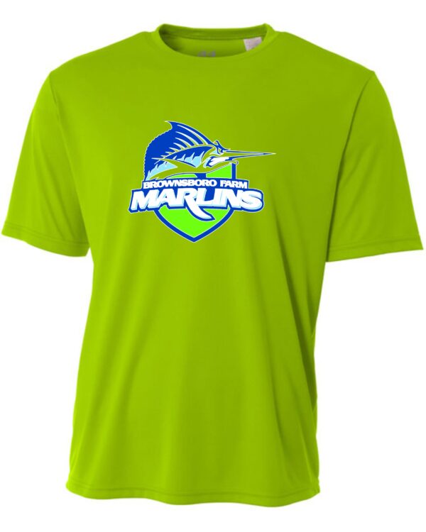 Green shirt with Brownsboro Farm Marlins logo.