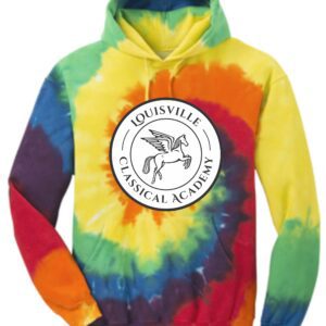 Tie-dye hoodie with Louisville Classical Academy logo.