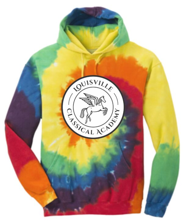 Tie-dye hoodie with Louisville Classical Academy logo.