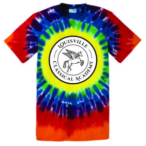 Tie-dye t-shirt with Louisville Classical Academy logo.