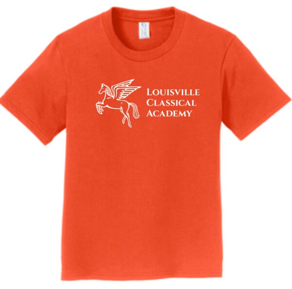 Orange T-shirt with Louisville Classical Academy logo.