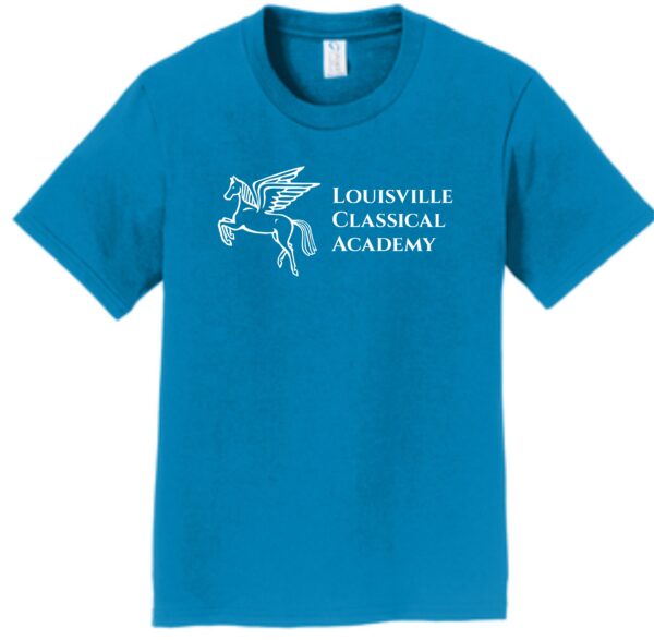 Blue t-shirt with Louisville Classical Academy logo.