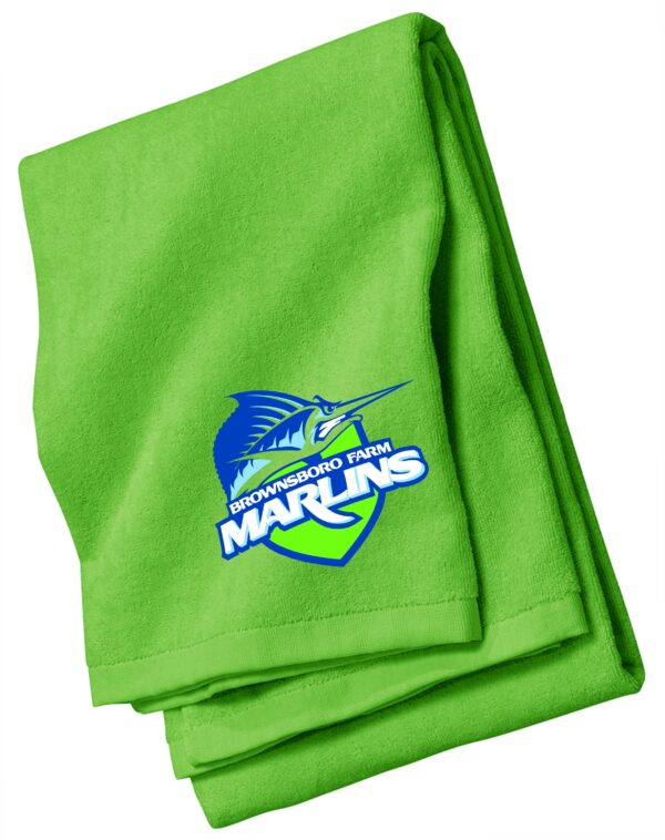 Green towel with Brownsboro Farm Marlins logo.