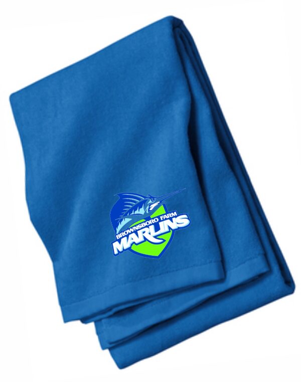 Blue towel with Brownsboro Farm Marlins logo.