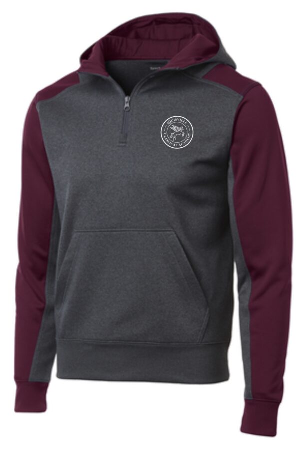 Gray and maroon zippered hoodie with logo.