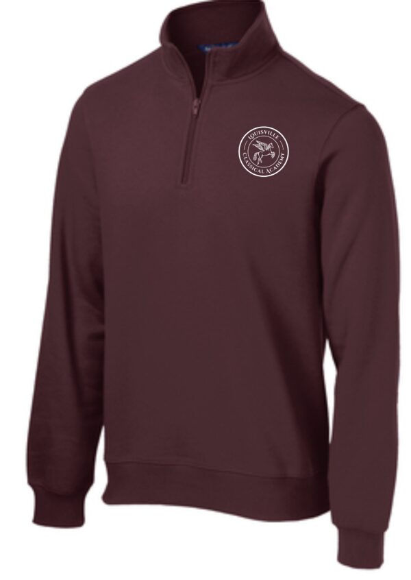 Burgundy quarter-zip sweatshirt with logo.