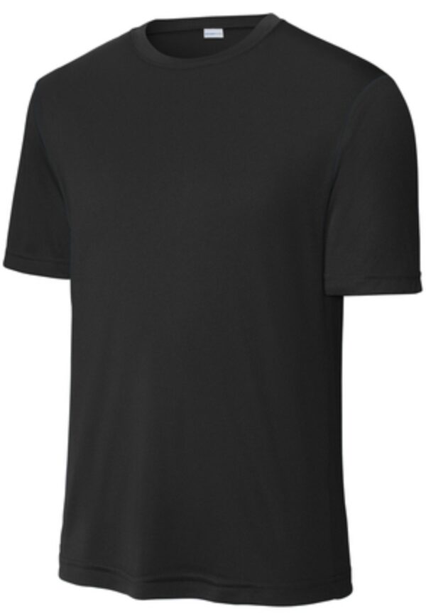 Black short-sleeved t-shirt on white background.