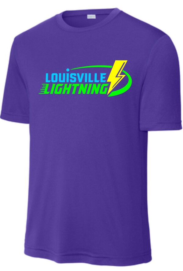 Purple t-shirt with Louisville Lightning logo.