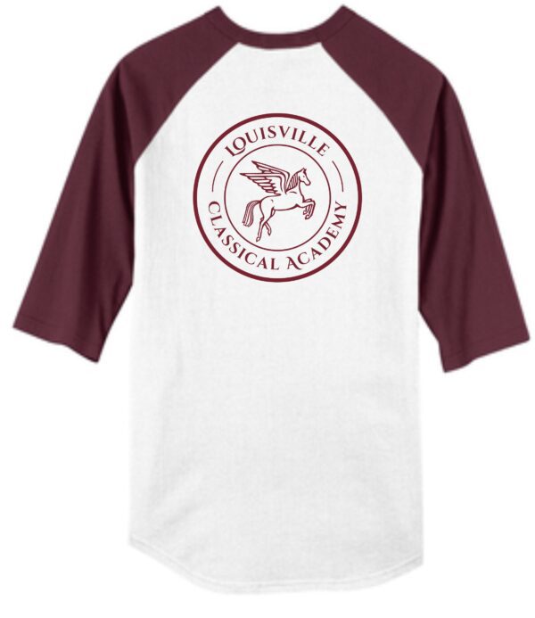 White and maroon baseball shirt with logo.