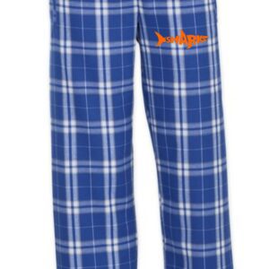 Blue and white plaid pajama pants with sharks logo.