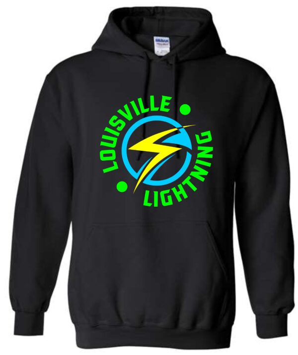 Black hoodie with Louisville Lightning logo.