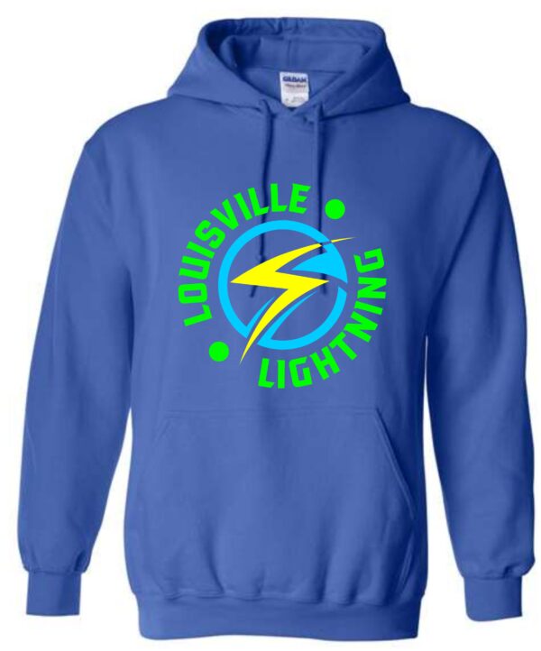 Blue hoodie with Louisville Lightning logo.