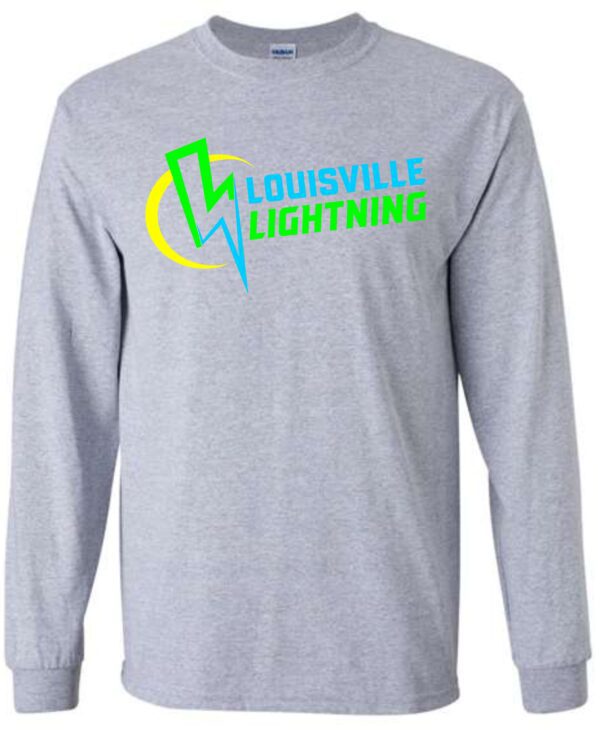 Gray long sleeve shirt with Louisville Lightning logo.