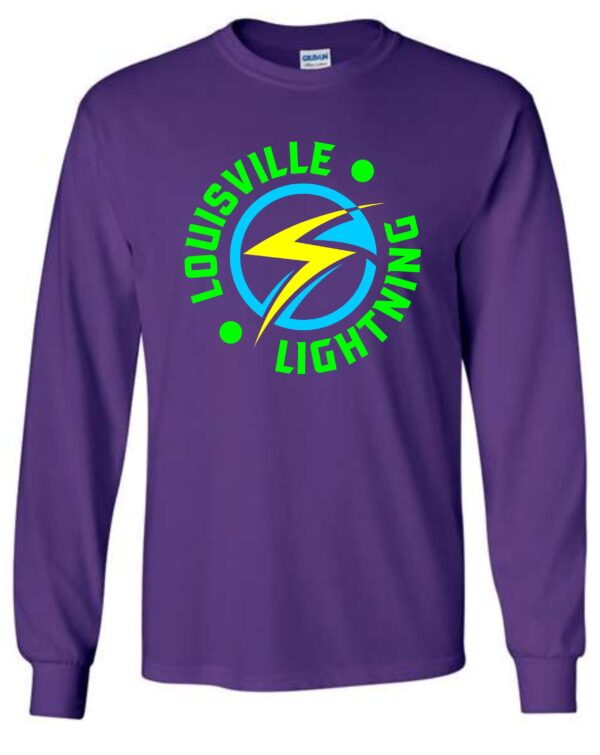 Purple long-sleeve shirt with Louisville Lightning logo.