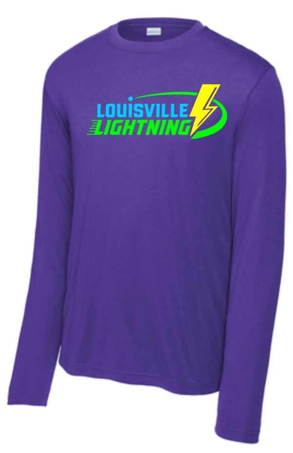 Purple long-sleeve shirt with Louisville Lightning logo.