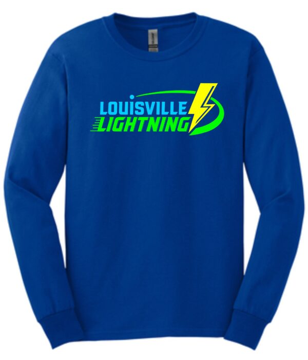 Blue long-sleeve shirt with Louisville Lightning logo.