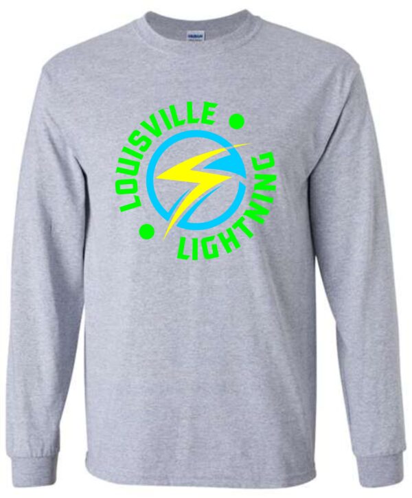 Gray long-sleeve shirt with Louisville Lightning logo.