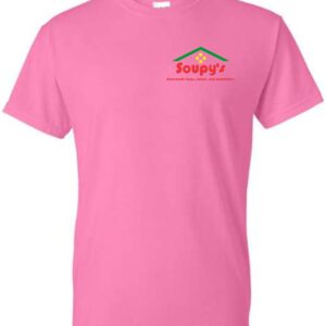 Pink t-shirt with Soupy's logo.