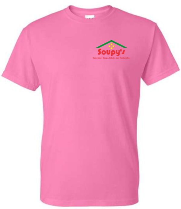 Pink t-shirt with Soupy's logo.