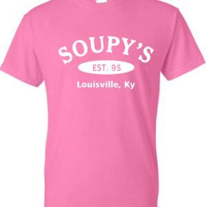 Pink t-shirt with Soupy's logo.