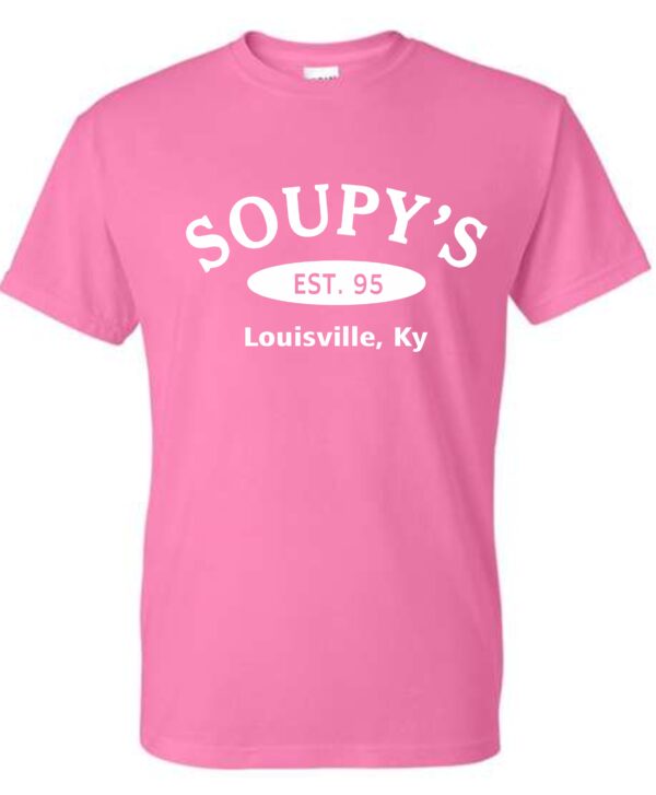 Pink t-shirt with Soupy's logo.