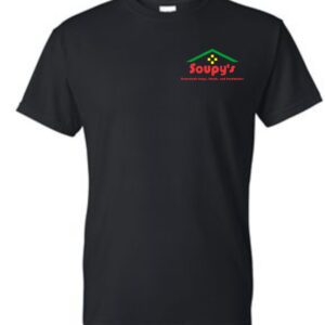 Black t-shirt with Soupy's logo.