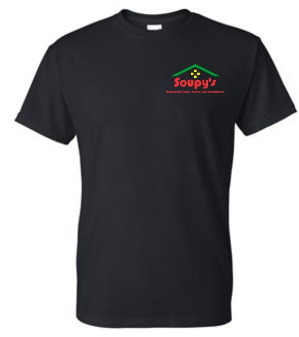 Black t-shirt with Soupy's logo.