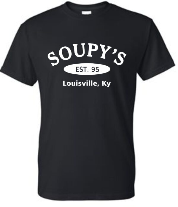 Black T-shirt with Soupy's logo.