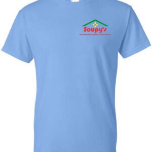 Blue t-shirt with Soupy's logo.