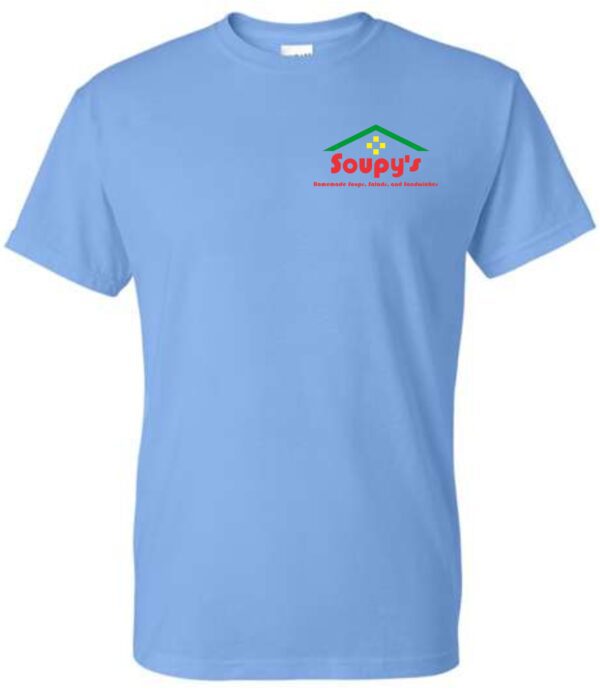 Blue t-shirt with Soupy's logo.